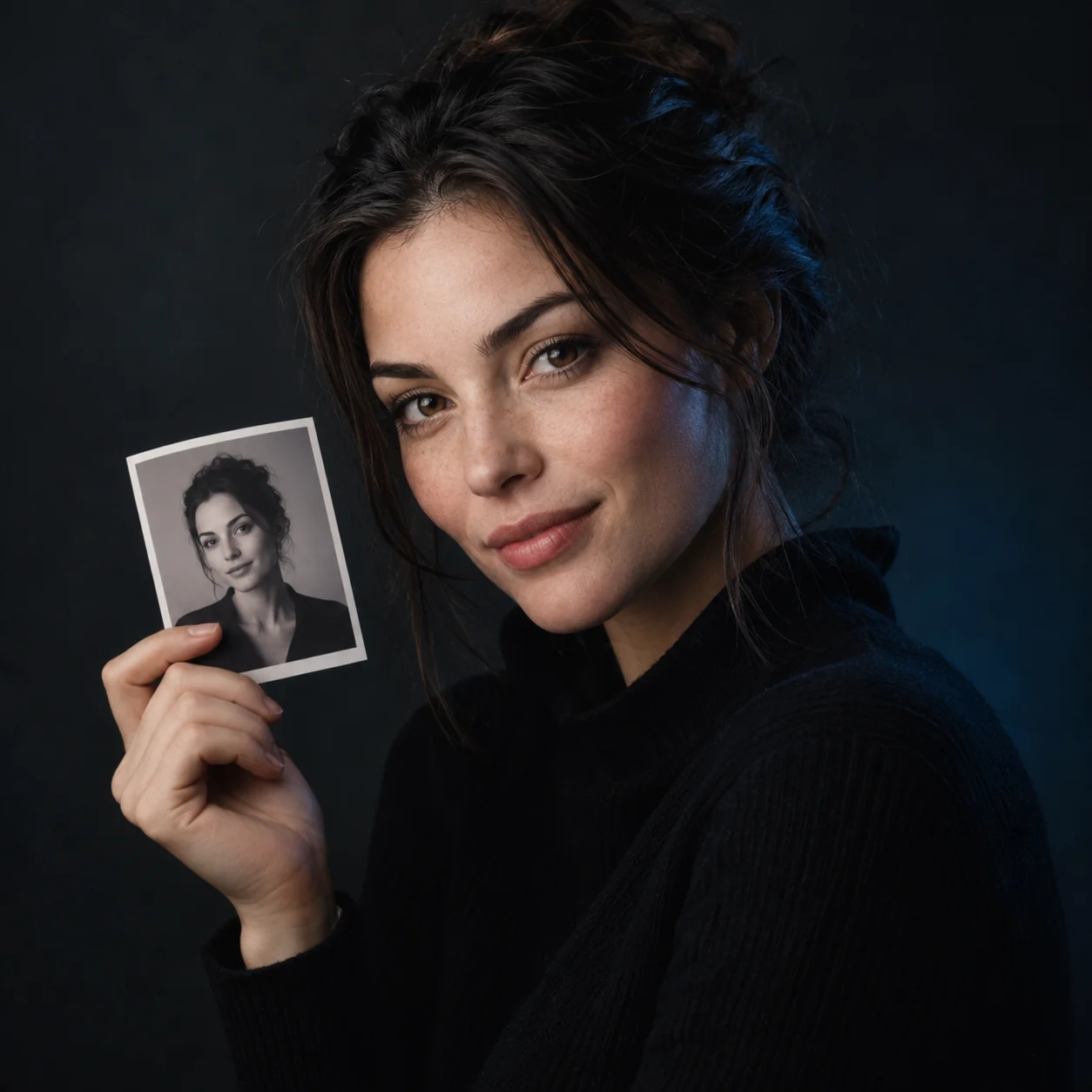 Profile-style portrait beside a small printed photo