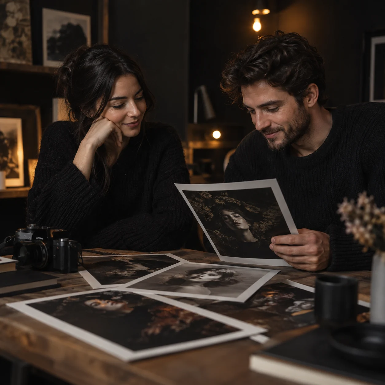 Two fictional friends reviewing a creative portrait print